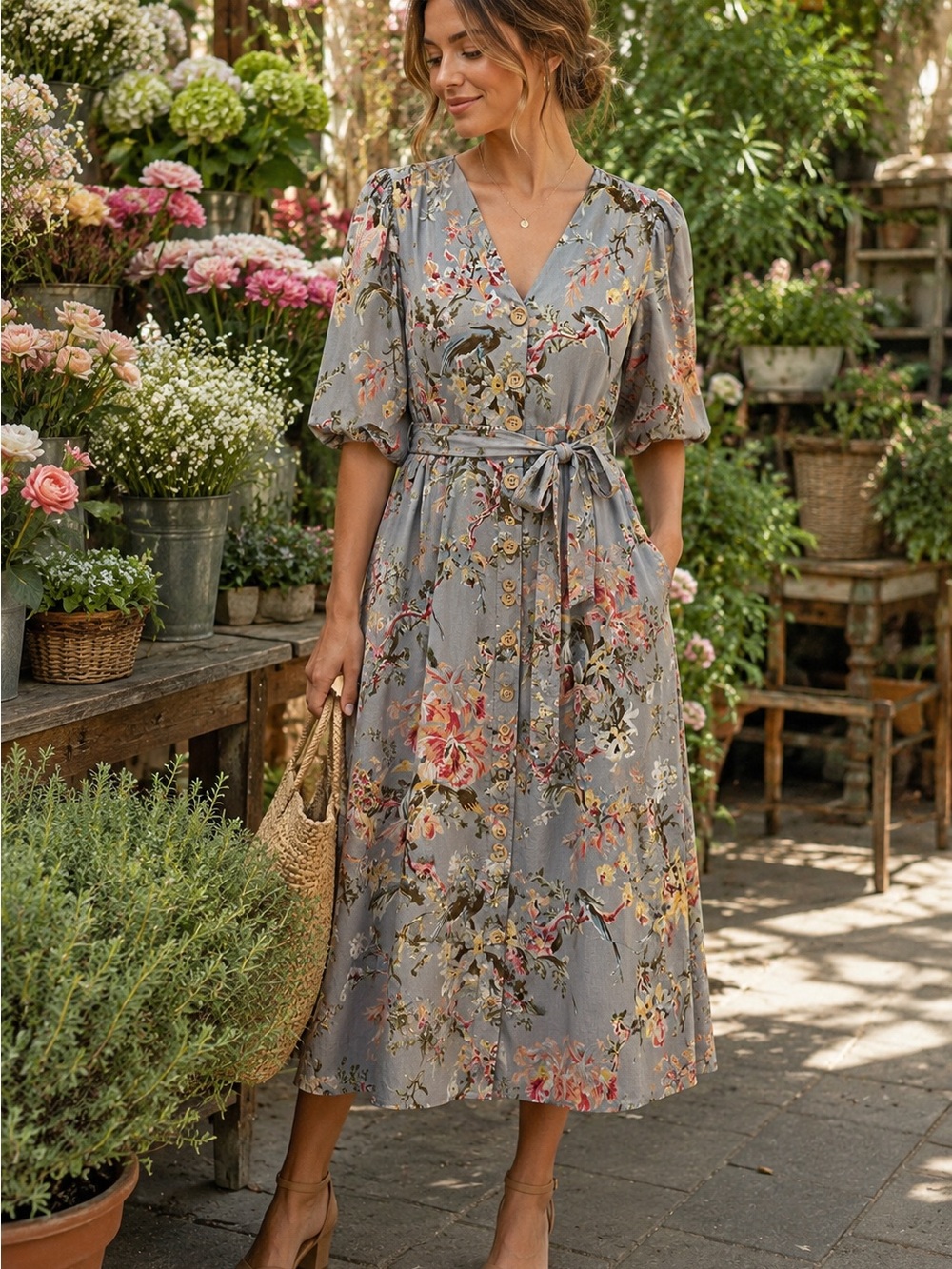 Mango MNG Cotton Linen Bird Floral Button Front Midi Dress Belted Pockets Sz 8